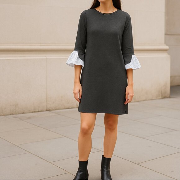 TIANA B. Gray Knit Dress Size S Ruffle Cuff Sleeves Quiet Luxury Minimalist Chic - Picture 2 of 10